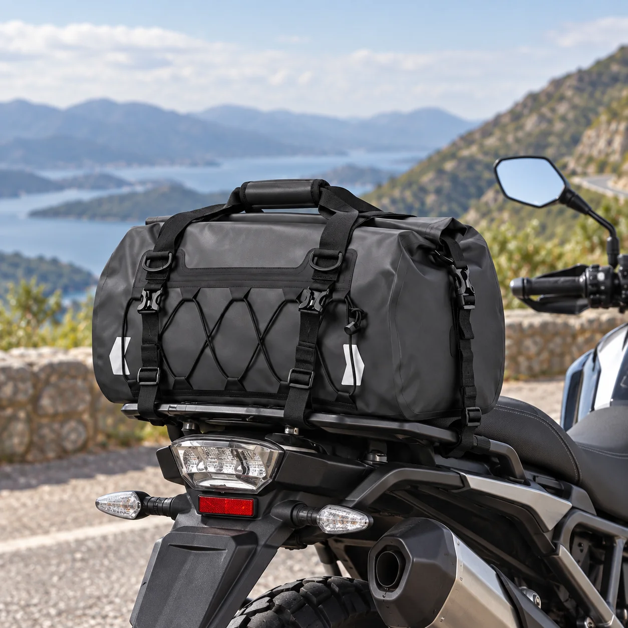 Roll-top touring duffel fitted to the rear of a motorcycle beside a mountain road