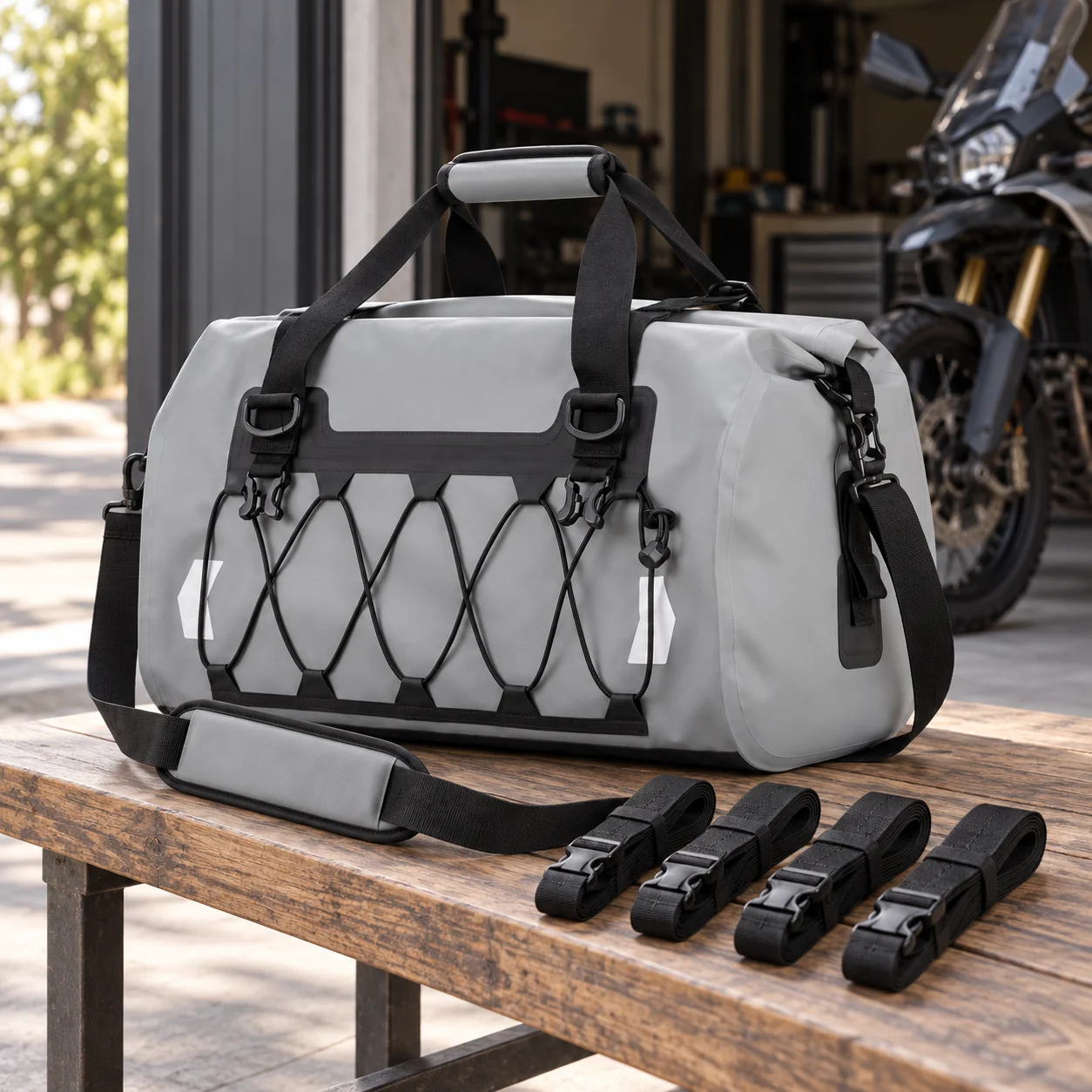 Touring duffel with straps on a workshop table